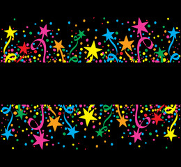 Big background of a party with many confetti, streamers and stars at night