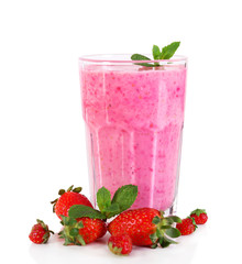 A glass of fresh cold strawberry smoothie with mint, isolated on white