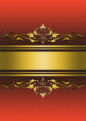 Patterned red background with gold ribbons and golden ornament