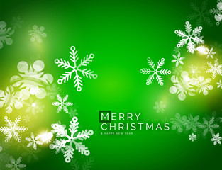 Holiday green abstract background, winter snowflakes, Christmas and New Year design template