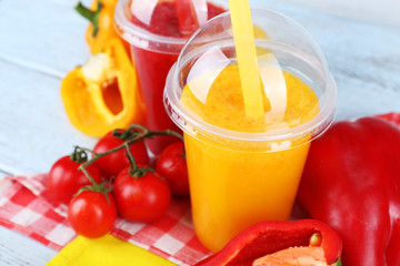 Fresh juice mix fruit and vegetables, healthy drinks on wooden table background