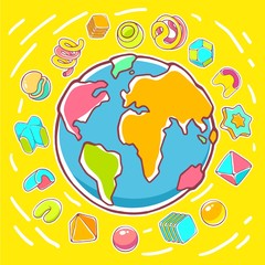 Vector colorful illustration of planet Earth on yellow backgroun