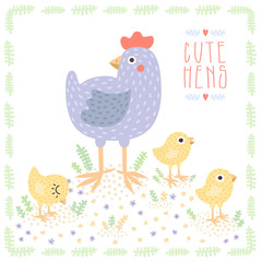 Cute light blue hen with baby chickens vector background and card