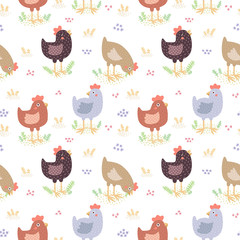 Cute hens vector seamless pattern (pastel colors)
