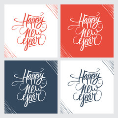 Happy new year hand drawn text design. Set of greeting cards. Vector illustration.