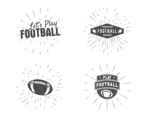 Set of vintage rugby and american football labels, emblems and logo designs with sunburst elements. Hand drawn monochrome style with lettering. Usa sports identity symbols. Vector illustration