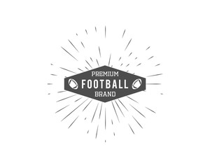 Vintage american football and rugby label, emblem and logo design with sunburst element. Hand drawn monochrome style with text. Usa sports identity symbol. Vector illustration
