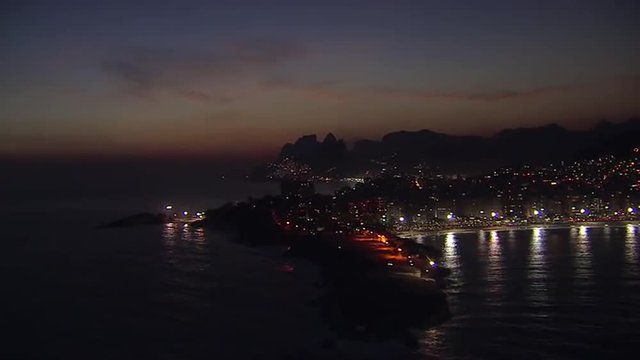Flying from Copacabana towards Ipanema Beach at Night, Rio de Janeiro, Brazil