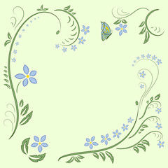 Fototapeta na wymiar Floral ornament with butterflies on light green background. Flower Illustration Elements. Beautiful card with tree branches, foliage, butterfly, fantastic flowers. Ornamental element design. Vector