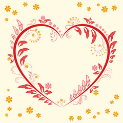 Floral ornament a heart shaped on yellow background. Flower Illustration Elements. Beautiful card with tree branches, foliage, butterfly, fantastic flowers. Ornamental element design. Vector