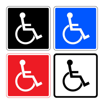 Disabled sign. Handicapped person icons isolated in square. Set illustrations of prohibiting warning sign and permissive sign for the disabled. On a white, black, blue and red background. Stock vector