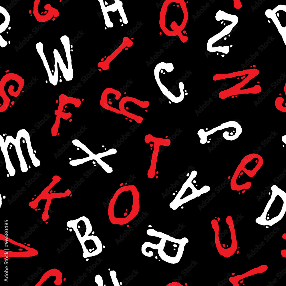 Fototapete seamless pattern with letters. abstract funny white and red letters on a black background. graphic s