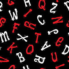 Seamless pattern with letters. Abstract funny white and red letters on a black background. Graphic style with alphabet. Can be used for prints, textiles, wrapping, wallpaper, website, blog etc. VECTOR