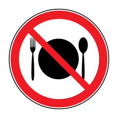 Do not eat icon. Cutlery symbol. Knife and fork. No food symbol isolated on white background. No eating allowed. Red circle prohibition sign. Stop flat symbol. Stock vector