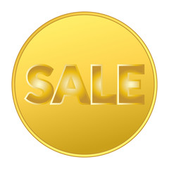 Colorful sale icon with golden effect. Icon for special offer. Sale typography background. Round sale sticker on white background. Sale design template in coin style. Sticker with sale message