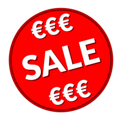 Colorful sale icon with euro sign. Red label. Icon for special offer. Sale typography background.  Round sale sticker on white background. Sale design template in coin style. With sale message. Vector