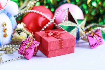 christmas background and ornament, red gift box,effect blur