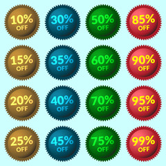 Red, green, brown and blue discount price tags on light-blue background. Set of colorfull stickers and labels. Collection sale discount banners. Volume Design template with advertising message. Vector