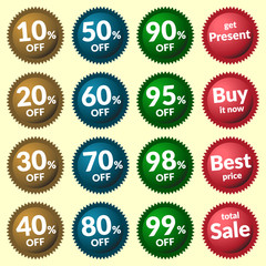 Red, green, brown and blue discount price tags on yellow background. Set of colorfull sale stickers and labels. Collection sale discount banner. Volume Design template with advertising message. Vector