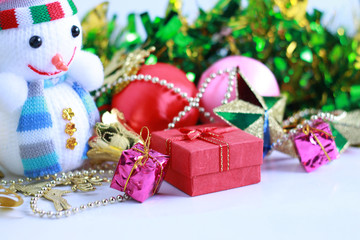 christmas background and ornament, red gift box,effect blur