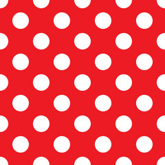 Big Polka Dot seamless pattern. Abstract fashion red and white texture. Casual stylish template. Graphic style for wallpaper, wrapping, fabric, background, apparel, print production, etc. Vector