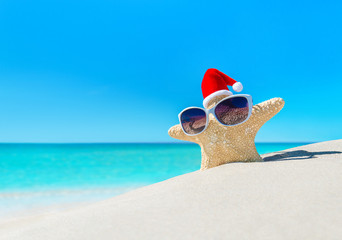 Starfish in sunglasses and Christmas Santa hat on tropical beach