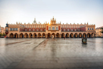 Market square with beautiful Cloth Hall in Krakow on the morning sunrise
