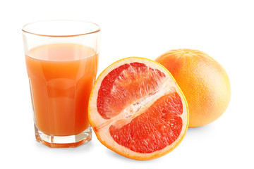 Citrus juice and fresh fruits isolated on white