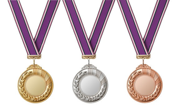 Set of gold, silver and bronze medals with  ribbons isolated on white background.