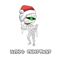 Illustration Isolated Character: The Mummy wish You Merry Christmas! Realistic Fantastic Cartoon Style Card Design.