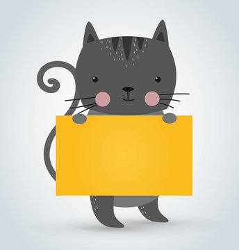 Cat Pet Animal Holding Clean Welcome Yellow Board Banner Vector Cartoon