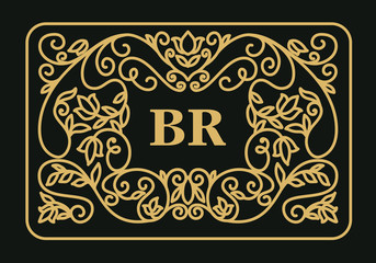 Vintage floral frame with copy space for text in trendy mono line style - monogram design element