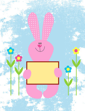illustration of a Pink bunny holding an empty sign