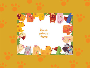 Vector illustration with cat, bunny, parrot and chicken and dog smiling. Orange template with rectangle frame holder for your text.