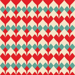 Tile vector pattern with mint blue and red hearts on pastel background