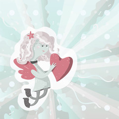 Cheerful cherub girl cupid brings a large heart in her hands. Vector cute illustration card in pastel colors