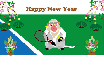 テニスボールとサルのイラスト年賀はがき