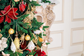 Decorated Christmas tree. Beautiful Christmas living room with Christmas tree