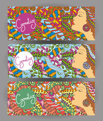 The horizontal banners to the perfumery and cosmetic booklet with hand-drawn elements ornament and girl