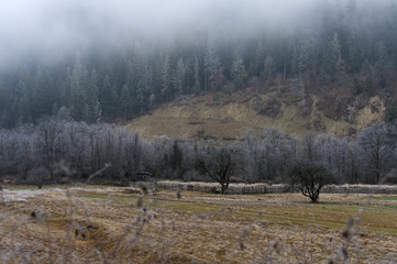 Obraz na płótnie Canvas First snow in the mountains. Winter landscape.