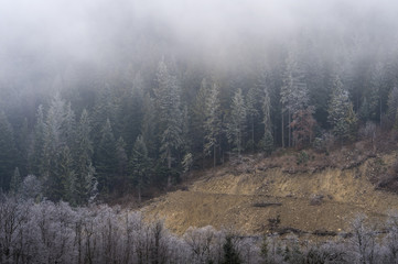 First snow in the mountains. Winter landscape.