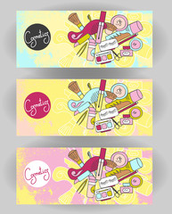 The horizontal banners to the perfumery and cosmetic booklet with hand-drawn elements of isolated vector illustrations