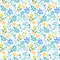Fototapeta na wymiar Seamless floral background. Green, yellow and blue pattern with leaves.