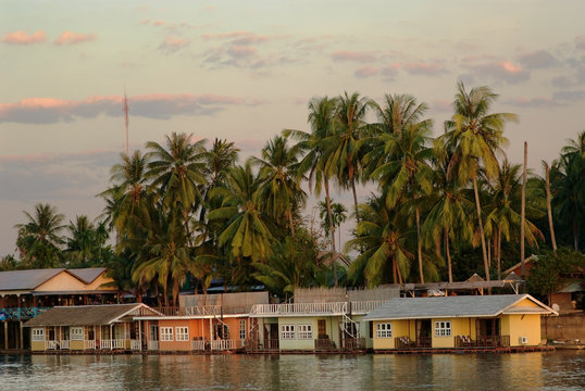 House with palm trees on the banks of the river and a beautiful sunset