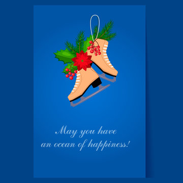 Christmas Skates with Fir, Berries and Poinsettia. Holiday Vector