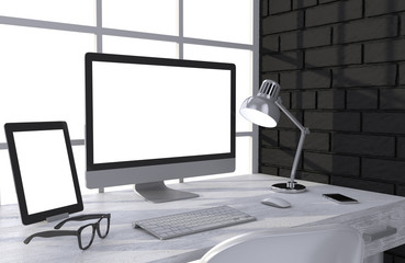 Fototapeta premium 3D illustration PC screen on table in office, Workspace