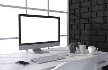 Fototapeta premium 3D illustration PC screen on table in office, Workspace