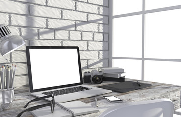 Fototapeta premium 3D illustration laptop and work stuff on table near brick wall, Workspace