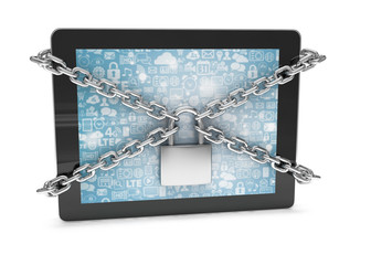 tablet PC with chains and lock isolated on white background