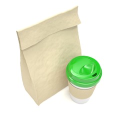 Coffee to go and lunch bag, on white.